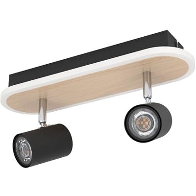 EGLO Rimbocchi LED-taklampa, oval taklampa med 2 svängbara spotlights, takspotlight i svart metall med trälook, varmvitt ljus, längd 34 cm EGLO Rimbocchi LED-taklampa, oval taklampa med 2 svängbara spotlights, takspotlight i svart metall med trälook, varmvitt ljus, längd 34 cm