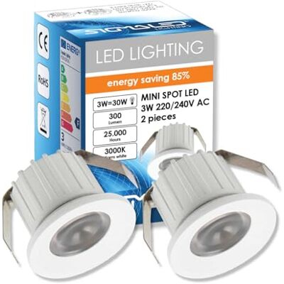 Sigmaled lighting , mini-LED-spotlight 3 W, dimbar, varmvit 3 000 K, 300 lumen, rund infällbar spott, 220/240 V AC, 2-pack (1 låda med 2 stuckatur) Sigmaled lighting , mini-LED-spotlight 3 W, dimbar, varmvit 3 000 K, 300 lumen, rund infällbar spott, 220/240 V AC, 2-pack (1 låda med 2 stuckatur)