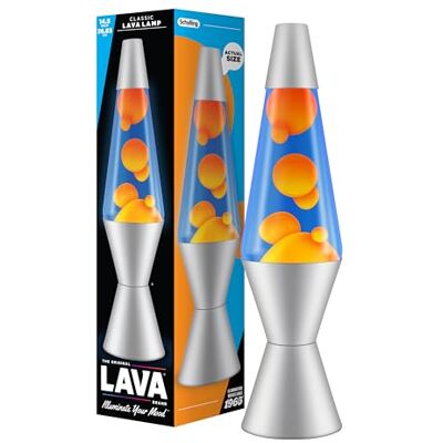 Lava ® Lampa 2117, orange vax, blå vätska, silverfärgad bas och topp, original 14,5 tum ® märke rorelse lampa Lava ® Lampa 2117, orange vax, blå vätska, silverfärgad bas och topp, original 14,5 tum ® märke rorelse lampa