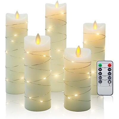CCLIFE Candele LED senza fiamma, set da 3/5 con catena di luci a LED, funzione timer, paraffina, vera cera, funzionamento a batteria CCLIFE Candele LED senza fiamma, set da 3/5 con catena di luci a LED, funzione timer, paraffina, vera cera, funzionamento a batteria