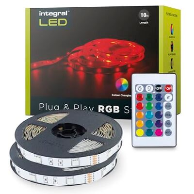 Integral LED-remsor inomhus 10 m RGB med EU-kontaktadapter och IR-styrenhet, plug & play, färgvariation, dimbar justerbar färg och ljusstyrka självhäftande LED-ljus Integral LED-remsor inomhus 10 m RGB med EU-kontaktadapter och IR-styrenhet, plug & play, färgvariation, dimbar justerbar färg och ljusstyrka självhäftande LED-ljus