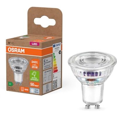 OSRAM Energy Class LED-reflektorlampa PAR16 med 1,3 W, 240 lm, kallvit (4000 K) av blyfritt glas med GU10-sockel i energieffektivitetsklass A, 50 mm diameter, IP20, 6-pack OSRAM Energy Class LED-reflektorlampa PAR16 med 1,3 W, 240 lm, kallvit (4000 K) av blyfritt glas med GU10-sockel i energieffektivitetsklass A, 50 mm diameter, IP20, 6-pack