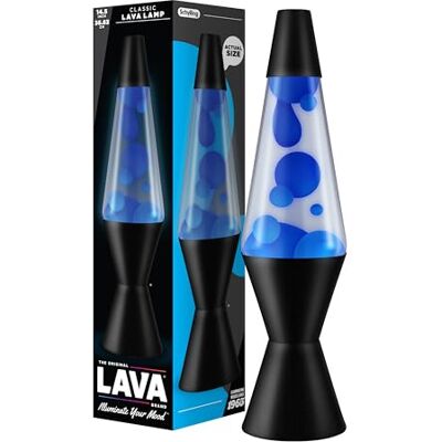Lava ® Lampa 2313, blått vax, genomskinlig vätska, svart bas och topp, original 14,5 tum ® märke rorelse lampa Lava ® Lampa 2313, blått vax, genomskinlig vätska, svart bas och topp, original 14,5 tum ® märke rorelse lampa