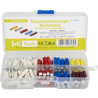 SeKi 100 stycken torpedosäkringssortiment; 10x5A, 40x8A, 20x16A, 20x25A, 10x40A; smältsäkring SeKi 100 stycken torpedosäkringssortiment; 10x5A, 40x8A, 20x16A, 20x25A, 10x40A; smältsäkring