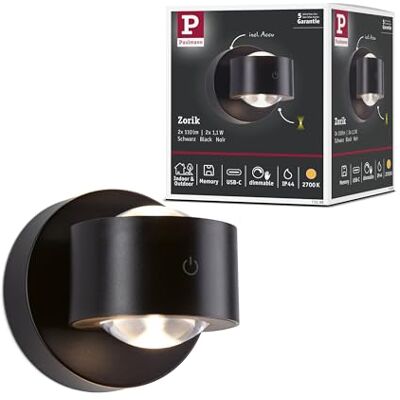 Paulmann 71290 LED batterivägglampa Zorik IP44 dimbar 2700K 100 mm 2 x 1,1 W svart Paulmann 71290 LED batterivägglampa Zorik IP44 dimbar 2700K 100 mm 2 x 1,1 W svart
