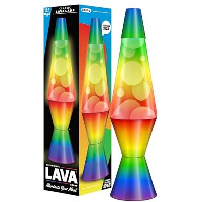 Lava ® Lampa Regnbåge 2513, handmålad i tre färger, vitt vax, genomskinlig vätska, dekorerad bas och topp, original 14,5 tum ® märke rorelse lampa Lava ® Lampa Regnbåge 2513, handmålad i tre färger, vitt vax, genomskinlig vätska, dekorerad bas och topp, original 14,5 tum ® märke rorelse lampa