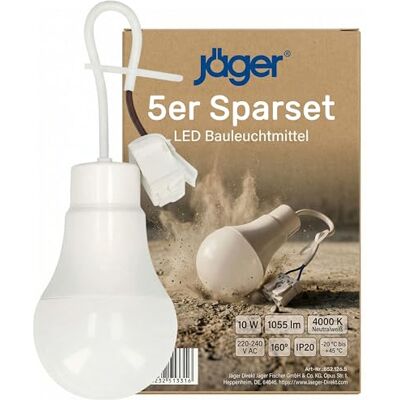 Jäger Direkt JÄGER 5 x LED-bygglampor, konstruktion med ljuskälla, byggarbetsplat, bygglampa, renovering, ersätter E27-sockel och lamputtag E27 med kabel, 10 W, 4000 K neutral vit, okrossbar Jäger Direkt JÄGER 5 x LED-bygglampor, konstruktion med ljuskälla, byggarbetsplat, bygglampa, renovering, ersätter E27-sockel och lamputtag E27 med kabel, 10 W, 4000 K neutral vit, okrossbar