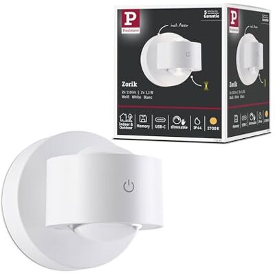 Paulmann 71291 LED batterivägglampa Zorik IP44 dimbar 2700K 100 mm 2 x 1,1 W vit Paulmann 71291 LED batterivägglampa Zorik IP44 dimbar 2700K 100 mm 2 x 1,1 W vit
