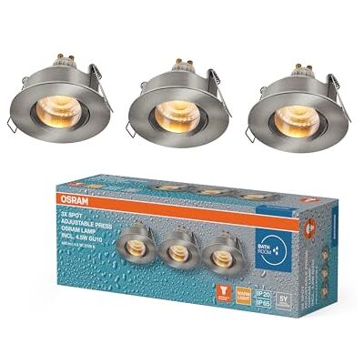 OSRAM Spot Set LED infälld spotlight IP65 Press 4,5W satin nickel, 320 lm 2700K varmvit, CRI≥80, fuktigt rum, set om 3 OSRAM Spot Set LED infälld spotlight IP65 Press 4,5W satin nickel, 320 lm 2700K varmvit, CRI≥80, fuktigt rum, set om 3