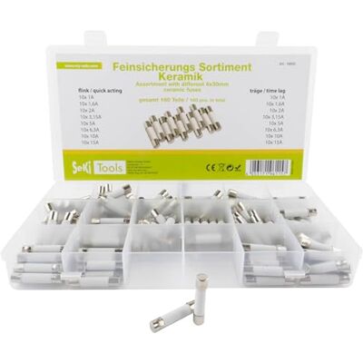 SeKi 160 delar finsäkring/keramiska säkringar 6 x 30 sortiment 160 stycken 16 typer; 8 x flink + 8 x trög 1A, 1,6A, 2A, 3,15A, 5A, 6,3A, 10A och 15A säkring, glasrörsäkring; keramik SeKi 160 delar finsäkring/keramiska säkringar 6 x 30 sortiment 160 stycken 16 typer; 8 x flink + 8 x trög 1A, 1,6A, 2A, 3,15A, 5A, 6,3A, 10A och 15A säkring, glasrörsäkring; keramik
