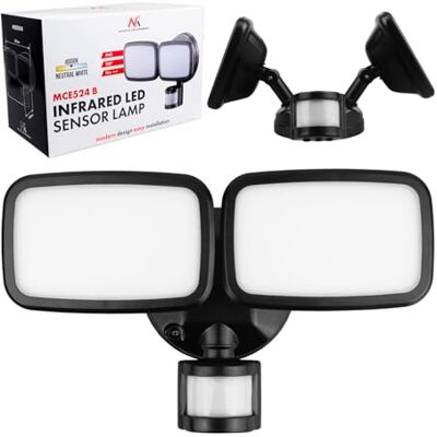 Maclean MCE524 B LED-vägglampa 20 W, 1500 lm, med PIR-rörelsesensor, IP65 Två justerbara lampskärmar, neutral färg 4000 K, svart Energieffektivitetsklass E Maclean MCE524 B LED-vägglampa 20 W, 1500 lm, med PIR-rörelsesensor, IP65 Två justerbara lampskärmar, neutral färg 4000 K, svart Energieffektivitetsklass E