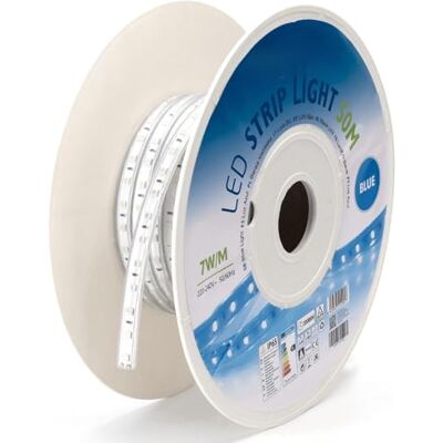 VoltShine 50 m, 10 mm blå LED-remsa, med integrerad krets, idealisk för dekorativ och omgivande belysning inomhus och utomhus. VoltShine 50 m, 10 mm blå LED-remsa, med integrerad krets, idealisk för dekorativ och omgivande belysning inomhus och utomhus.
