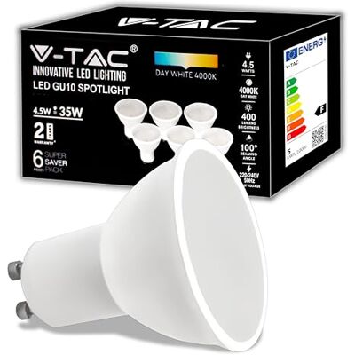 V-TAC 6x GU10-4,5W LED-lampor (35W motsvarande) 400 lumen hög ljusstyrka GU10 LED-spotlight för maximal effektivitet och energibesparing 3 000 K varmvitt ljus V-TAC 6x GU10-4,5W LED-lampor (35W motsvarande) 400 lumen hög ljusstyrka GU10 LED-spotlight för maximal effektivitet och energibesparing 3 000 K varmvitt ljus