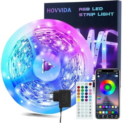 HOVVIDA LED-remsa 10 m, 1 rulle, 30 lysdioder/meter, RGB LED-remsor, 300 LED, app och fjärrkontroll, musikläge, timing-läge, LED för rum, vardagsrum, kök, sovrum, bar, fest HOVVIDA LED-remsa 10 m, 1 rulle, 30 lysdioder/meter, RGB LED-remsor, 300 LED, app och fjärrkontroll, musikläge, timing-läge, LED för rum, vardagsrum, kök, sovrum, bar, fest