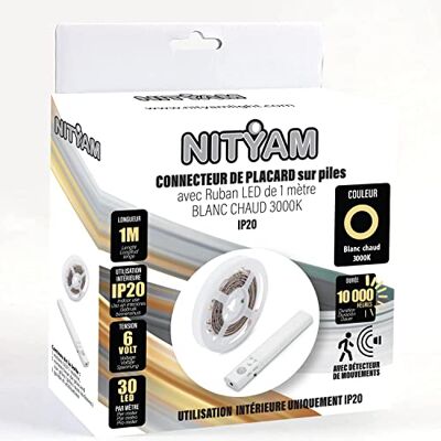 NITYAM LED-remsa skåpkontakt 1 meter varmvit (3 000 K) med rörelsedetektor, batterikontakt, IP20 endast för inomhusbruk NITYAM LED-remsa skåpkontakt 1 meter varmvit (3 000 K) med rörelsedetektor, batterikontakt, IP20 endast för inomhusbruk