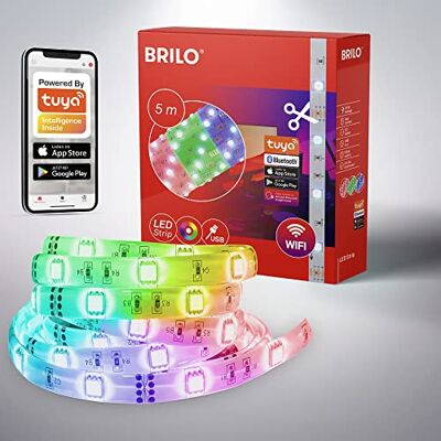 BRILONER RGB LED Strip 5m, Smart LED-ljusremsa som kan förkortas, app-kontroll, musiksensor, röststyrning, LED-remsa, LED-bar, LED-strip musikstyrning BRILONER RGB LED Strip 5m, Smart LED-ljusremsa som kan förkortas, app-kontroll, musiksensor, röststyrning, LED-remsa, LED-bar, LED-strip musikstyrning