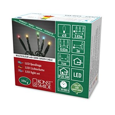 Konstsmide 6350-520 Micro LED-ljuskedja/för inomhus- (IP20)/10 färgglada dioder/24 V innertransformator/mörkgrön kabel Konstsmide 6350-520 Micro LED-ljuskedja/för inomhus- (IP20)/10 färgglada dioder/24 V innertransformator/mörkgrön kabel