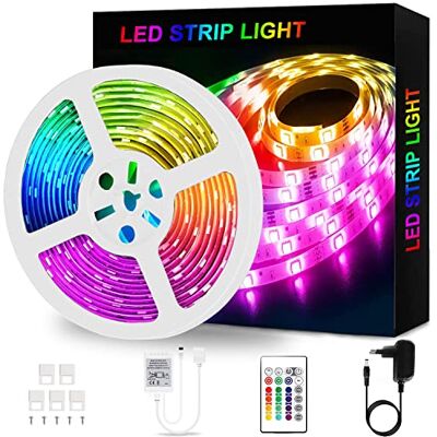 Amnossi 5 m LED-remsa, RGB LED-remsa, färgskiftande LED-remsa med IR-fjärrkontroll, för belysning av hem, fest, kök Amnossi 5 m LED-remsa, RGB LED-remsa, färgskiftande LED-remsa med IR-fjärrkontroll, för belysning av hem, fest, kök
