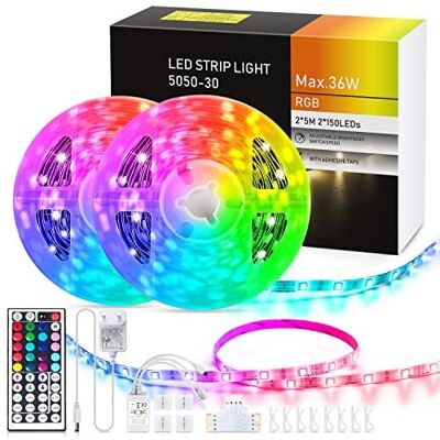 Levitantes RGB LED-remsa, 2 x 5 m remsa, 30 x 5050 lysdioder, fjärrkontroll med 44 knappar, flerfärgad, lämplig för dekoration och miljö*.* Levitantes RGB LED-remsa, 2 x 5 m remsa, 30 x 5050 lysdioder, fjärrkontroll med 44 knappar, flerfärgad, lämplig för dekoration och miljö*.*
