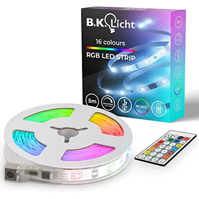 B.K.Licht I USB RGBIC LED Strip 5 m I Musiksensor I Musik SyncI Strip med fjärrkontroll för färgbyte I Självhäftande ljusremsa B.K.Licht I USB RGBIC LED Strip 5 m I Musiksensor I Musik SyncI Strip med fjärrkontroll för färgbyte I Självhäftande ljusremsa
