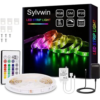 Sylvwin LED ränder 5 m RGB, LED Strip ljuskedja med fjärrkontroll, LED Stripes ljusband självhäftande med 16 färgbyten, 4 lägen för hem, sovrum, TV, skåp deko, fest, SMD 5050 LED-band Sylvwin LED ränder 5 m RGB, LED Strip ljuskedja med fjärrkontroll, LED Stripes ljusband självhäftande med 16 färgbyten, 4 lägen för hem, sovrum, TV, skåp deko, fest, SMD 5050 LED-band