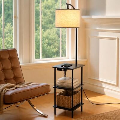 LuminexDesigns Golvlampa med 3-nivåshylla, USB & Typ-C laddningsport för vardagsrum, sovrum, kontor, glödlampa ingår inte LuminexDesigns Golvlampa med 3-nivåshylla, USB & Typ-C laddningsport för vardagsrum, sovrum, kontor, glödlampa ingår inte