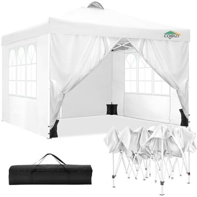 COBIZI TOOLUCK Hopfällbart lusthus 3 x 3 m vattentätt stabilt vintertätt lusthus festtält trädgård lusthus med ventilation, 4 sidopaneler, 4 sandsäckar, höjdjusterbar, pop-up hopfällbart trädgårdstält, vit COBIZI TOOLUCK Hopfällbart lusthus 3 x 3 m vattentätt stabilt vintertätt lusthus festtält trädgård lusthus med ventilation, 4 sidopaneler, 4 sandsäckar, höjdjusterbar, pop-up hopfällbart trädgårdstält, vit