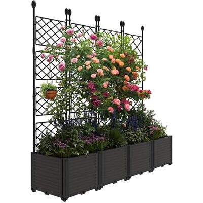 Garvee Upphöjd trädgårdsbädd med galler, 4 moduler, robust modulär plastkruka, djup blomkruka för klätterväxter, integritetsskärm för terrass, balkong och uteplats, 166 x 41 x 160 cm Garvee Upphöjd trädgårdsbädd med galler, 4 moduler, robust modulär plastkruka, djup blomkruka för klätterväxter, integritetsskärm för terrass, balkong och uteplats, 166 x 41 x 160 cm