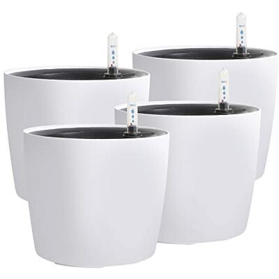 KINJOEK 4-pack 18 cm självvattnande planterare med vattennivåindikator, modern trädgård dekorativ vit blomkruka för husväxter, blommor, afrikanska violer, suckulenter, vit KINJOEK 4-pack 18 cm självvattnande planterare med vattennivåindikator, modern trädgård dekorativ vit blomkruka för husväxter, blommor, afrikanska violer, suckulenter, vit
