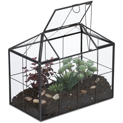 Relaxdays Växtterrarium, glas och tenn, dekorativt glashus för kaktusar och mossa, glaslåda för fönsterbräda, svart Relaxdays Växtterrarium, glas och tenn, dekorativt glashus för kaktusar och mossa, glaslåda för fönsterbräda, svart