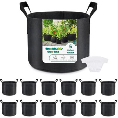 GreatBuddy 12-pack odlingspåsar, 5 gallon tjocka tygkrukor för växter, robusta handtag och förstärkt sömnad, etiketter ingår, svart GreatBuddy 12-pack odlingspåsar, 5 gallon tjocka tygkrukor för växter, robusta handtag och förstärkt sömnad, etiketter ingår, svart