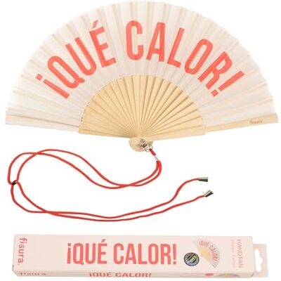 FISURA Originalfläkt med meddelande "que calor". Modern och rolig träfläkt. Beige och röd fläkt. Mått: 42,5 x 23 cm. Materiaal: Trä och textil. FISURA Originalfläkt med meddelande "que calor". Modern och rolig träfläkt. Beige och röd fläkt. Mått: 42,5 x 23 cm. Materiaal: Trä och textil.