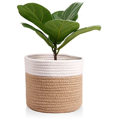Oradrem 28 cm bomullsrep växtkorg moderna vävda korgar för 25 cm blomkruka, golv inomhusväxter förvaringskorgar heminredning, brun/vit, 11 x 11 tum Oradrem 28 cm bomullsrep växtkorg moderna vävda korgar för 25 cm blomkruka, golv inomhusväxter förvaringskorgar heminredning, brun/vit, 11 x 11 tum