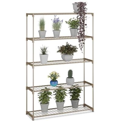 Relaxdays Blomhylla, H x B x D: 140 x 91 x 28 cm, 5 hyllor, plugin-system, metall och plast, växthushylla, brun Relaxdays Blomhylla, H x B x D: 140 x 91 x 28 cm, 5 hyllor, plugin-system, metall och plast, växthushylla, brun