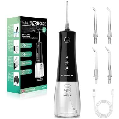 BARBERBOSS Batteridriven mundusch, munsköljmaskin med 4 munstycken och 5 trycknivåer, professionell tand- och tandköttsrengöring, 340 ml vattentank och IPX8 vattentät, QR-7105 (svart) BARBERBOSS Batteridriven mundusch, munsköljmaskin med 4 munstycken och 5 trycknivåer, professionell tand- och tandköttsrengöring, 340 ml vattentank och IPX8 vattentät, QR-7105 (svart)