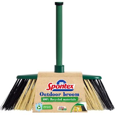 Spontex Eco Green kvast utomhus, kvast för utomhusbruk av 100% återvunna material, med teleskophandtag, 2 olika typer av borst Spontex Eco Green kvast utomhus, kvast för utomhusbruk av 100% återvunna material, med teleskophandtag, 2 olika typer av borst