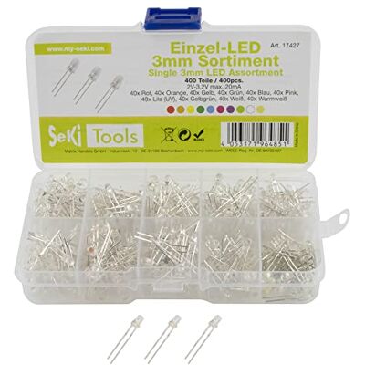 SeKi LED-sortiment med 400 stycken 3 mm lysdioder – 10 värden; röd, orange, gul, grön, blå, rosa, lila (UV), gulgrön, vit, varmvit – superljus SeKi LED-sortiment med 400 stycken 3 mm lysdioder – 10 värden; röd, orange, gul, grön, blå, rosa, lila (UV), gulgrön, vit, varmvit – superljus