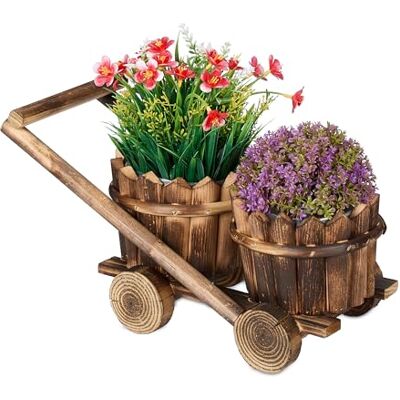 Relaxdays Växtvagn med 2 blomkrukor, blomvagn för plantering, HBT: 19 x 17,5 x 37 cm, planteringskorg av trä, brun Relaxdays Växtvagn med 2 blomkrukor, blomvagn för plantering, HBT: 19 x 17,5 x 37 cm, planteringskorg av trä, brun