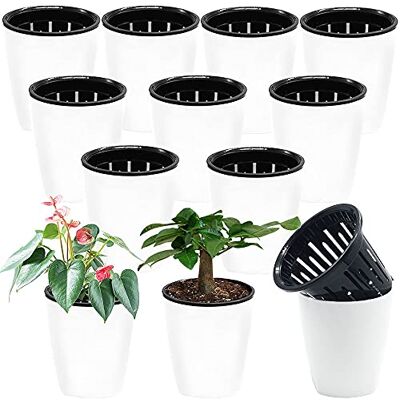 Haawooky 12 st självvattnande plastplanterare, 10 cm blomkruka i plast med inre kruka, självvattnande planterare vit blomkruka för örter, blommor, alla husväxter, suckulenter Haawooky 12 st självvattnande plastplanterare, 10 cm blomkruka i plast med inre kruka, självvattnande planterare vit blomkruka för örter, blommor, alla husväxter, suckulenter
