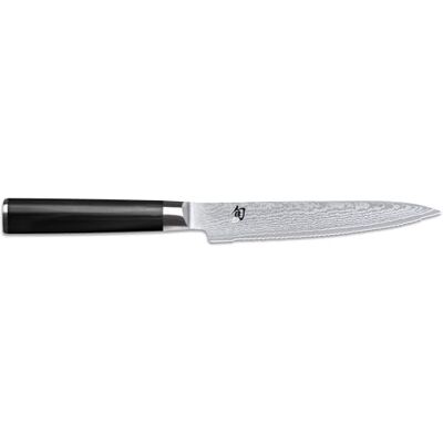 Shun KAI Classic japansk universalkniv 15 cm bladlängd med tandad kant – damaskkniv 32 lager VG MAX kärna – 61 (±1) HRC – handtag av packkaträ – tillverkad i Japan – universalkniv smidd Shun KAI Classic japansk universalkniv 15 cm bladlängd med tandad kant – damaskkniv 32 lager VG MAX kärna – 61 (±1) HRC – handtag av packkaträ – tillverkad i Japan – universalkniv smidd
