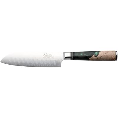 Katana Saya Elements 12 cm Santoku-kniv, regnskogsgrön – Högkolhaltigt VG-10 Damaskusstål för extrem hårdhet och skärpa – Handtag i naturligt olivträ och harts Katana Saya Elements 12 cm Santoku-kniv, regnskogsgrön – Högkolhaltigt VG-10 Damaskusstål för extrem hårdhet och skärpa – Handtag i naturligt olivträ och harts