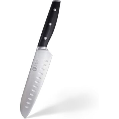 MasterChef Professionell Santoku-kniv, rostfritt stål med hög kolhalt, trippelnitat handtag, full siden med magen, 18 cm blad MasterChef Professionell Santoku-kniv, rostfritt stål med hög kolhalt, trippelnitat handtag, full siden med magen, 18 cm blad
