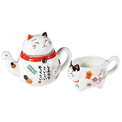Japanskt te-set Chineuse med Maneki Neko - Porcelain teapot med infuser - Gåvotanke Japan Katt Kawaii Japanskt te-set Chineuse med Maneki Neko - Porcelain teapot med infuser - Gåvotanke Japan Katt Kawaii