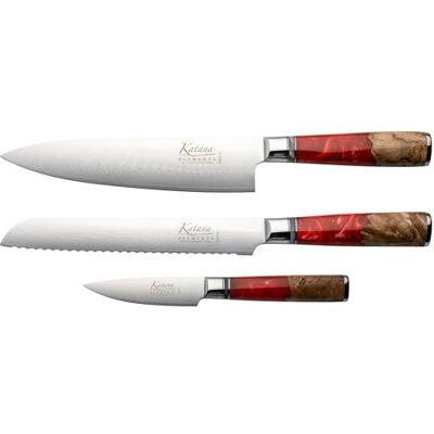 Katana Saya Elements 3-delat knivset, vulkanröd – Högkolhaltigt VG-10 Damaskusstål för extrem hårdhet och skärpa – Handtag i naturligt olivträ och harts Katana Saya Elements 3-delat knivset, vulkanröd – Högkolhaltigt VG-10 Damaskusstål för extrem hårdhet och skärpa – Handtag i naturligt olivträ och harts