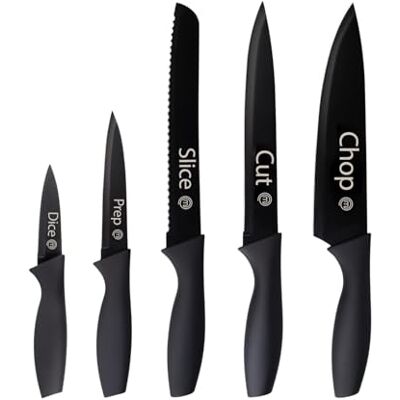 MasterChef Knivset, köksknivar, set inkl. Kockkniv, grönsakskniv, skalkniv, skärkniv och brödkniv, vass kniv rostfritt stål, non-stick-belagd, mjuka handtag, 5 delar, svart MasterChef Knivset, köksknivar, set inkl. Kockkniv, grönsakskniv, skalkniv, skärkniv och brödkniv, vass kniv rostfritt stål, non-stick-belagd, mjuka handtag, 5 delar, svart