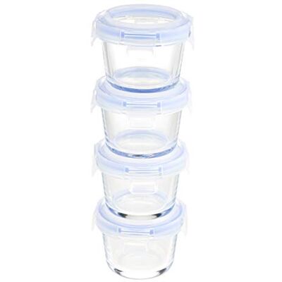 Amazon Basics ABL001 Glasförvaring i 8 delar, 144 ml, set med 4 behållare, klar med blå lock Amazon Basics ABL001 Glasförvaring i 8 delar, 144 ml, set med 4 behållare, klar med blå lock