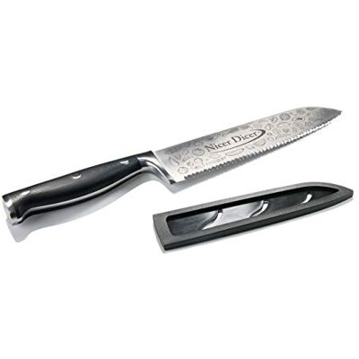 Genius Trevligare Dicer Knife Professional kockkniv 20 cm – extra vass professionell kniv av rostfritt stål med tandad kant och skyddande hölje Universal användbar i köket, svart Genius Trevligare Dicer Knife Professional kockkniv 20 cm – extra vass professionell kniv av rostfritt stål med tandad kant och skyddande hölje Universal användbar i köket, svart