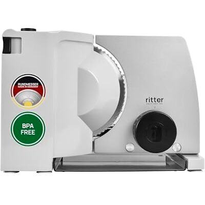 Ritter compact 7 Elektrisk universalskärmaskin, metall, vågslipad kniv, steglös upp till 23 mm, för bröd ost frukt grönsaker Ritter compact 7 Elektrisk universalskärmaskin, metall, vågslipad kniv, steglös upp till 23 mm, för bröd ost frukt grönsaker