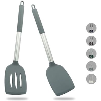Zaigon Set med 2 robusta non-stick silikonspatlar värmebeständiga och BPA-fria perfekta köksredskap för fisk, ägg och pannkakor (grå) Zaigon Set med 2 robusta non-stick silikonspatlar värmebeständiga och BPA-fria perfekta köksredskap för fisk, ägg och pannkakor (grå)