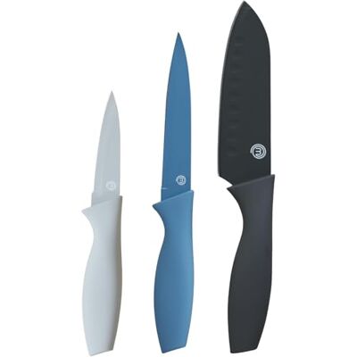 MasterChef Köksknivar, set med grönsakskock, kött- och skalknivar, rostfritt stål, slipat blad med halkfri beläggning, med mjuka handtag, 3 delar, blå MasterChef Köksknivar, set med grönsakskock, kött- och skalknivar, rostfritt stål, slipat blad med halkfri beläggning, med mjuka handtag, 3 delar, blå